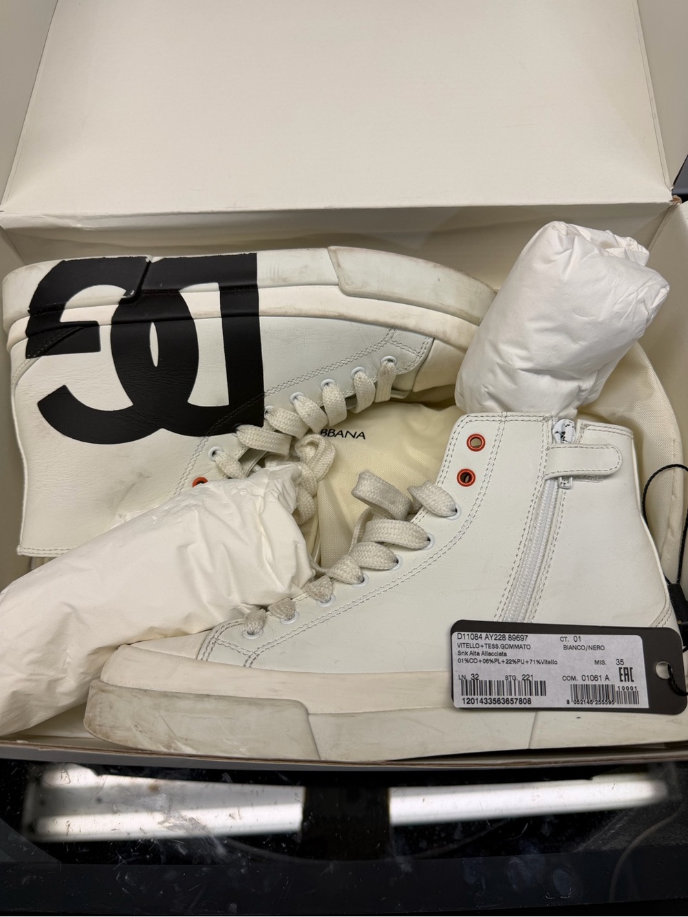 Dolce & Gabbana White High-Top Kids Sneakers with Black Logo